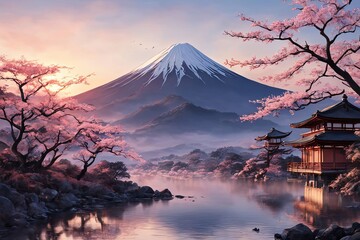 Japanese pagoda set against iconic Mount Fuji, capturing essence of traditional Japanese landscape, architecture. For art, creative projects, fashion, style, advertising campaigns, web design, print. - obrazy, fototapety, plakaty