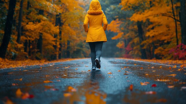 A girl in an orange jacket and jeans walks into the distance along a forest road. He keeps his hands in his pockets. Autumn, yellow leaves all around