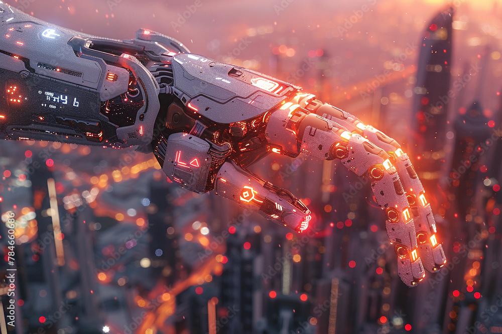 Poster robot manipulating holograms in futuristic metropolis