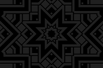 Embossed black background, ethnic cover design. Geometric elegant 3D pattern. Tribal handmade style, doodling, art deco. Ornamental boho exoticism of the East, Asia, India, Mexico, Aztec, Peru.