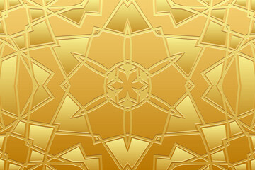 Embossed gold background, ethnic cover design. Geometric gold 3D pattern. Tribal handmade style, doodling, art deco. Ornamental boho exoticism of the East, Asia, India, Mexico, Aztec, Peru.