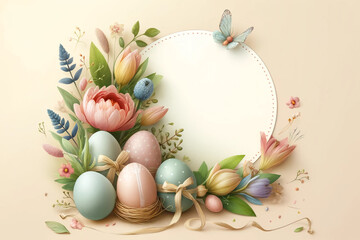 Obraz na płótnie Canvas Spring holiday Easter: decorative Easter eggs and composition of seasonal flowers on a pastel background