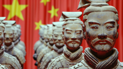 The Terracotta Warriors Beneath the Chinese Flag. Generative ai image.