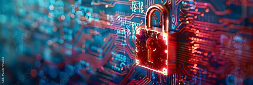 Poster lock on circuit pattern. concept of data security and cybersecurity.