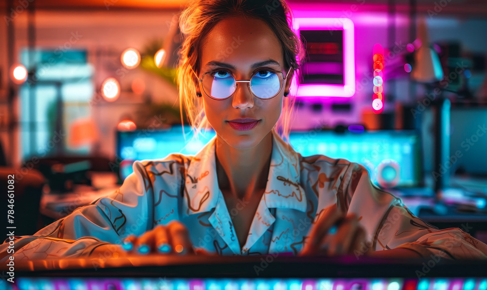 Poster skilled programmer in neon lit workspace - young female developer coding efficiently on high-tech co
