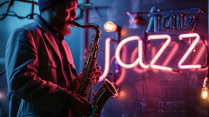 A jazz musician plays the saxophone in evening, against the backdrop of an illuminated neon "Jazz" sign. Jazz Appreciation Month, Club Life