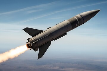 Side view, military missile in sky, air combat, war and military concept