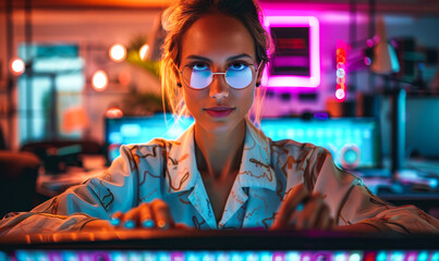 Skilled Programmer in Neon Lit Workspace - Young Female Developer Coding Efficiently on High-Tech Computer