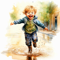 Exultant little boy, hair tousled and his face lit up with wide, infectious smile, races through muddy puddle, water splashing under his enthusiastic feet, capturing essence of carefree childhood play