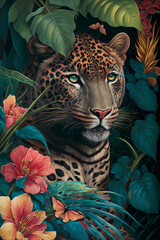 Oil painting in the vintage style of a Portrait of a leopard among roses and palm leaves