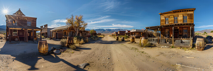 The Panoramic View of Desolate Ghost Town Amidst Nevada's Vast Desert Landscape - obrazy, fototapety, plakaty