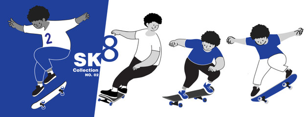 skater characters Collection with skateboard to Do Skateboard Tricks. Vector illustration.Cartoon character. Collection Number 2