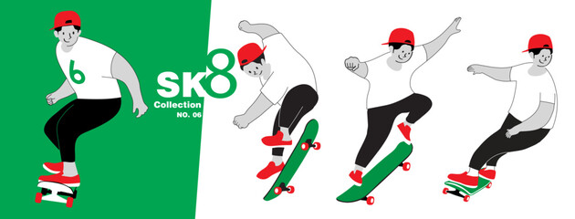 skater characters Collection with skateboard to Do Skateboard Tricks. Vector illustration.Cartoon character. Collection Number 6 © Harirak