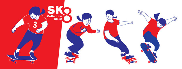 skater characters Collection with skateboard to Do Skateboard Tricks. Vector illustration.Cartoon character. Collection Number 3