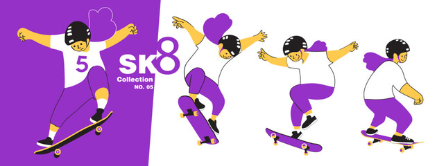 skater characters Collection with skateboard to Do Skateboard Tricks. Vector illustration.Cartoon character. Collection Number 5