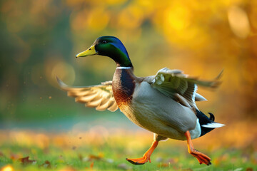 Obraz premium Funny duck running in the garden or the park, flapping its wings, rushing.
