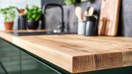 Close up of an empty warm wooden kitchen countertop with sink and faucet, emphasis on texture and craftsmanship. Scene showcase template for promotional items, banner, copy space