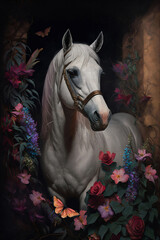 Oil painting in the vintage style of a Portrait of an horse among roses, palm leaves and plants