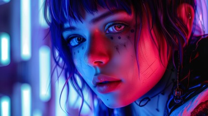 Cyberpunk style girl programmer illustration in neon color