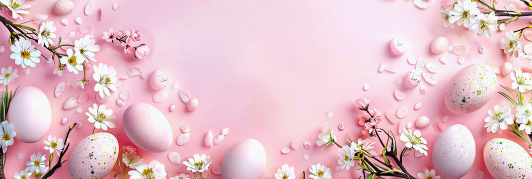 Dreamy pink Easter background with eggshells and blooming flowers. Beautiful and inspiring greeting card design. Gentle and joyful spirit of Easter holiday