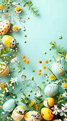 Easter. Vibrantly painted Easter eggs set among fresh spring flowers and greenery on calm turquoise background, representing joy and renewal. Vertical