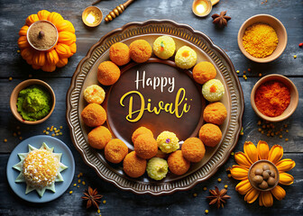 Obraz na płótnie Canvas Happy Diwali poster with traditional Indian sweets