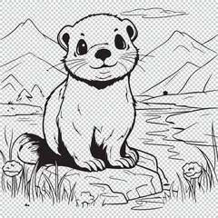 Otter in mountainous landscape line art for kids coloring book, vector illustration on transparent background