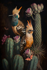 Oil painting in the vintage style of a hoopoes among roses, cacti and plants