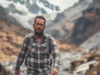Full body action shot of a handsome 30 year old spanish man hiking. He has a belly and a full bear. He looks like a bair. He is wearing a plaid shirt and glasses. He is hiking the Andean