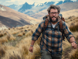 Full body action shot of a handsome 30 year old spanish man hiking. He has a belly and a full bear. He looks like a bair. He is wearing a plaid shirt and glasses. He is hiking the Andean