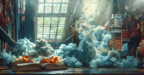 A stylized character in a classroom setting with an open book, from which vivid icons and symbols of education and science, like atoms, beakers, and mathematical symbols, 