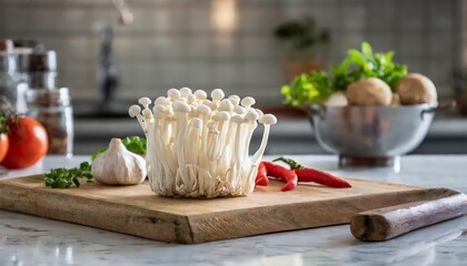 A selection of fresh vegetable: enoki, sitting on a chopping board against blurred kitchen background; copy space