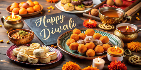 Happy Diwali poster with traditional Indian sweets - obrazy, fototapety, plakaty