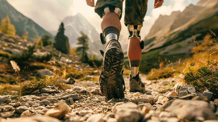Man with prosthetic legs, an athlete runner runs along rocky path in mountainous area, close-up of man's legs. Active lifestyle concept with disability, movement and persistence, adventure and travel