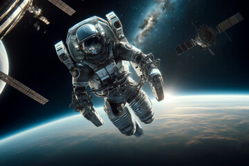 astronaut on spacewalk with earth and satellites in background - obrazy, fototapety, plakaty