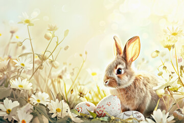 Easter. Cute fluffy rabbit among delicate white flowers and Easter eggs, depicting essence of spring and Easter renewal