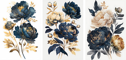 Watercolor illustration of peony blossoms in navy and gold in beautiful colors
