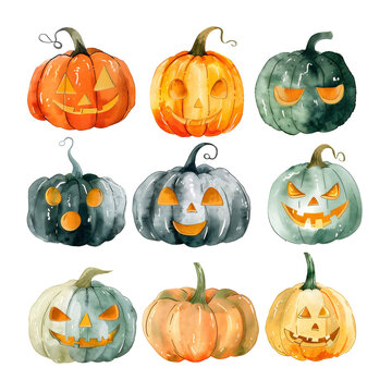 Watercolor Halloween Pumpkin Clipart set isolated on a transparent background