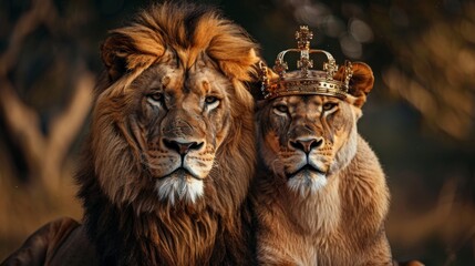 Fototapeta premium Lion king in golden crown background wallpaper concept