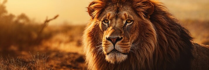 Fototapeta premium close-up view capturing a majestic lion in its natural habitat, standing proudly in a field. The lions mane is full and vibrant, and its intense gaze exudes power and strength