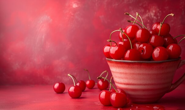 Ripe cherries in a cup on a pink background.