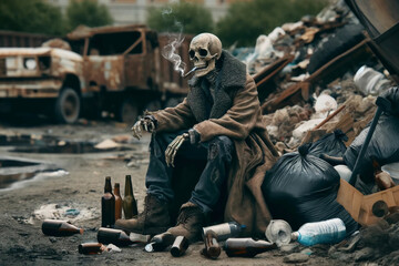A skeleton in a torn coat and pants sits in a garbage dump with a smoking cigarette in his teeth - obrazy, fototapety, plakaty