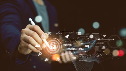Digital marketing media (website ad, email, social network, SEO, video, mobile app) in virtual...