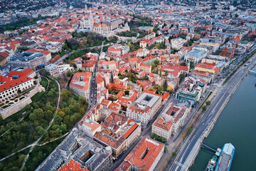 Panoramic view on skyline of Budapest rooftops. Aerial view of capital of Hungary with historical buildings and famous landmarks