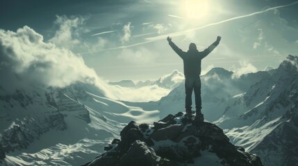 Man winner standing on mountain peak background wallpaper concept
