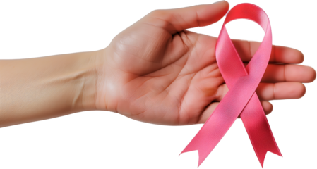 Hand holding pink ribbon for breast cancer awareness.
Cutout with no background.