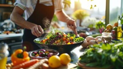 Obraz premium A sunlit kitchen scene where a chef artfully plates a vibrant vegan Buddha bowl, the array of colorful vegetables and grains creating a visual feast.