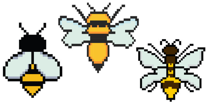 Bee pixel art. Vintage 8 bit, 80s, 90s game style, computer arcade game items. Pixelated mosaic retro game style. 