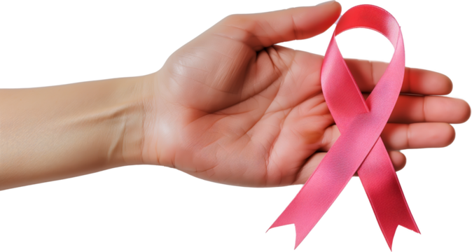 Hand holding pink ribbon for breast cancer awareness.
Cutout with no background.