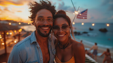 Multiracial couple celebrating at the beach with USA flag in the background
